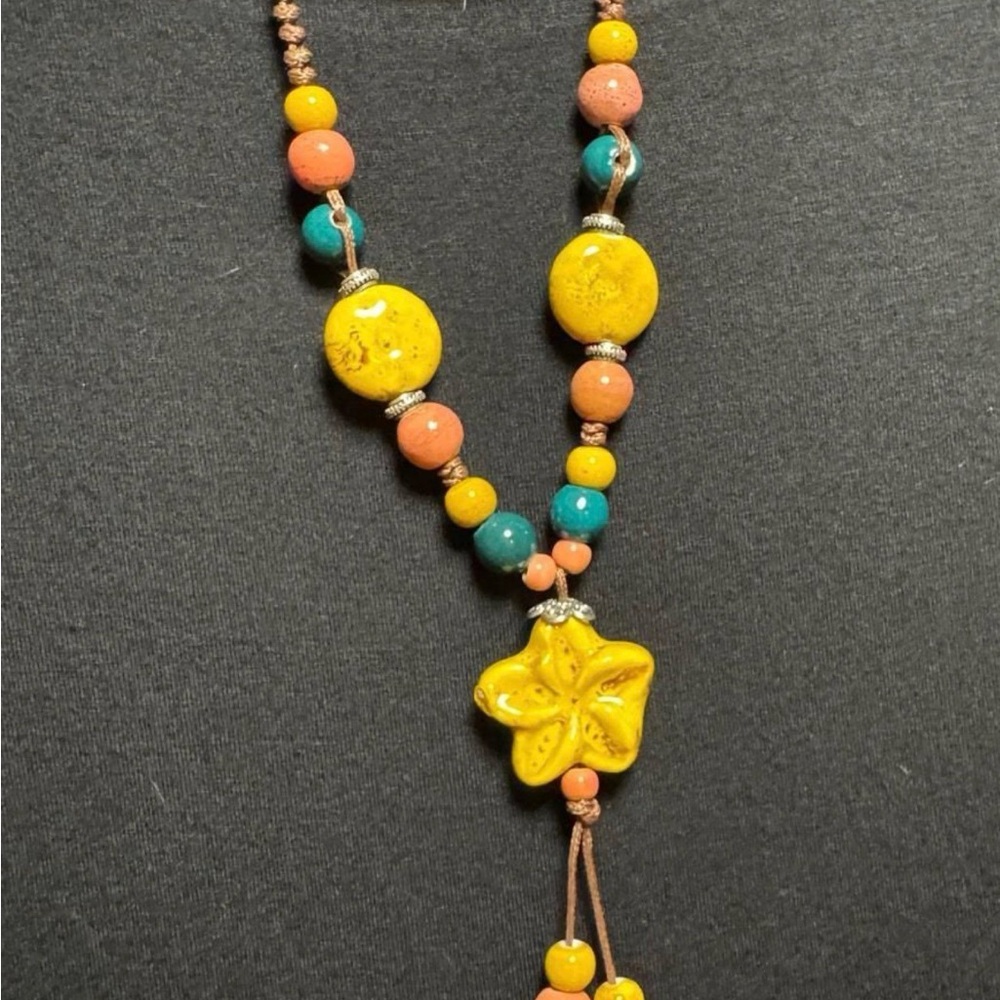 Handcrafted Yellow and Teal clay  Beaded Necklace